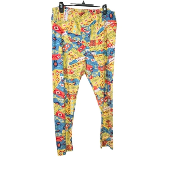 LuLaRoe Tall & Curvy 2 TC2 Blue Yellow Geometric Leggings (18–26) Butter Soft - Picture 9 of 9